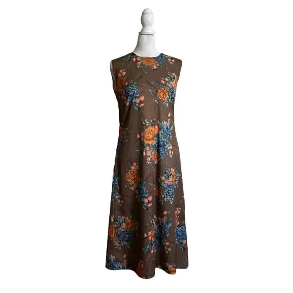 Vintage 1970s Sears Dress Cardigan Taupe Floral 2 Piece Set Maxi US Size 10 - Picture 6 of 16